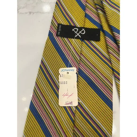 Vtg JC Penney Mens Tie 4” Yellow Striped All Silk Neck Tie New with Tags 1970s - Picture 7 of 10